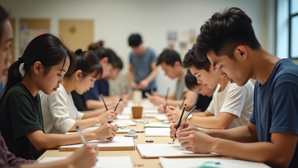 Group of students in art class, working at individual tables with painting supplies, collaborative learning environment, instructor visible providing guidance