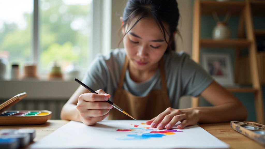 Person painting watercolour artwork on paper with brush in bright studio setting