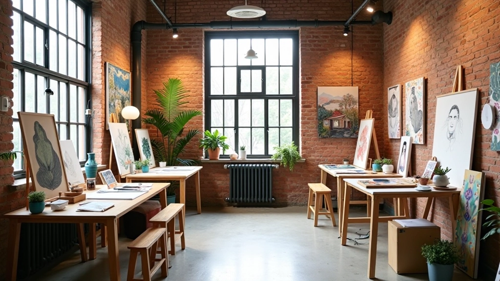Interior view of artist studio with exposed brick walls, multiple workstations, artwork displayed on walls, natural light streaming through industrial windows