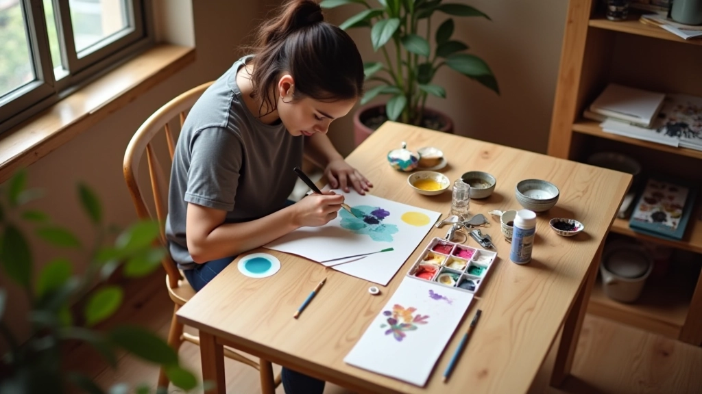 Person working on watercolour painting at wooden studio table with art supplies scattered and natural light streaming in