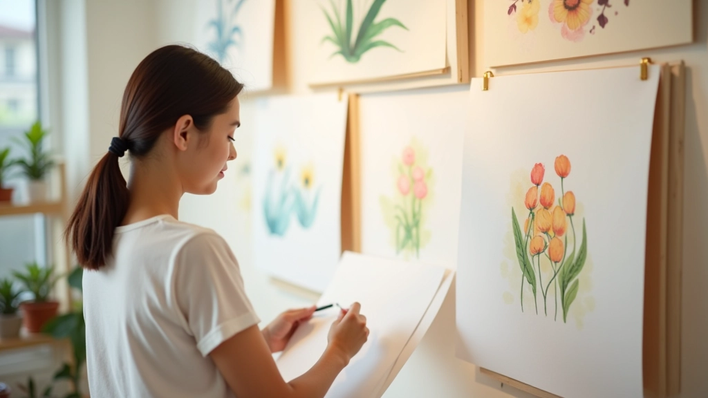 Beginner watercolour paintings displayed on wall showing simple subjects like flowers, leaves, and landscape washes in soft colour tones
