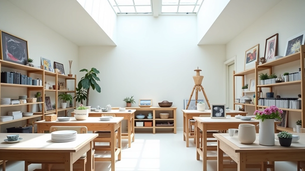 Bright studio space with high ceilings, natural light from windows, art supplies organized on shelves, welcoming creative environment