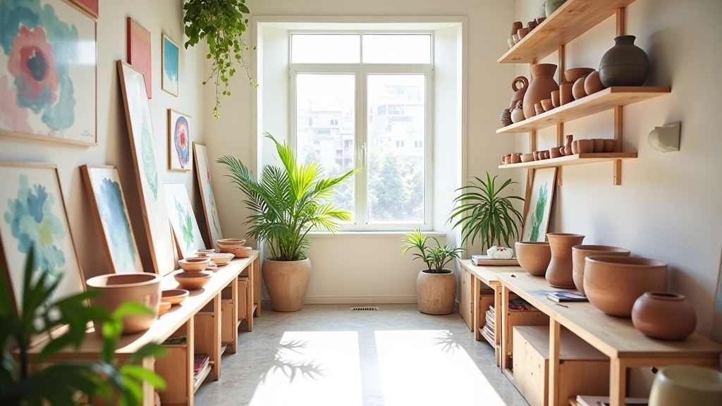 Creative art studio workspace with watercolour paintings and pottery displayed on shelves with natural lighting
