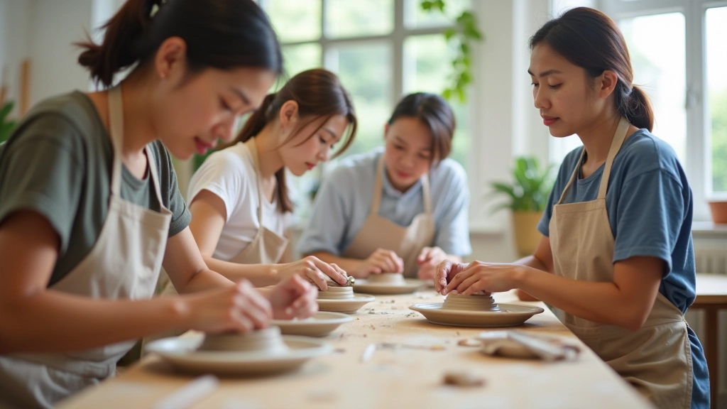 Diverse group of adults in pottery workshop, various ages, working together at pottery wheels and tables