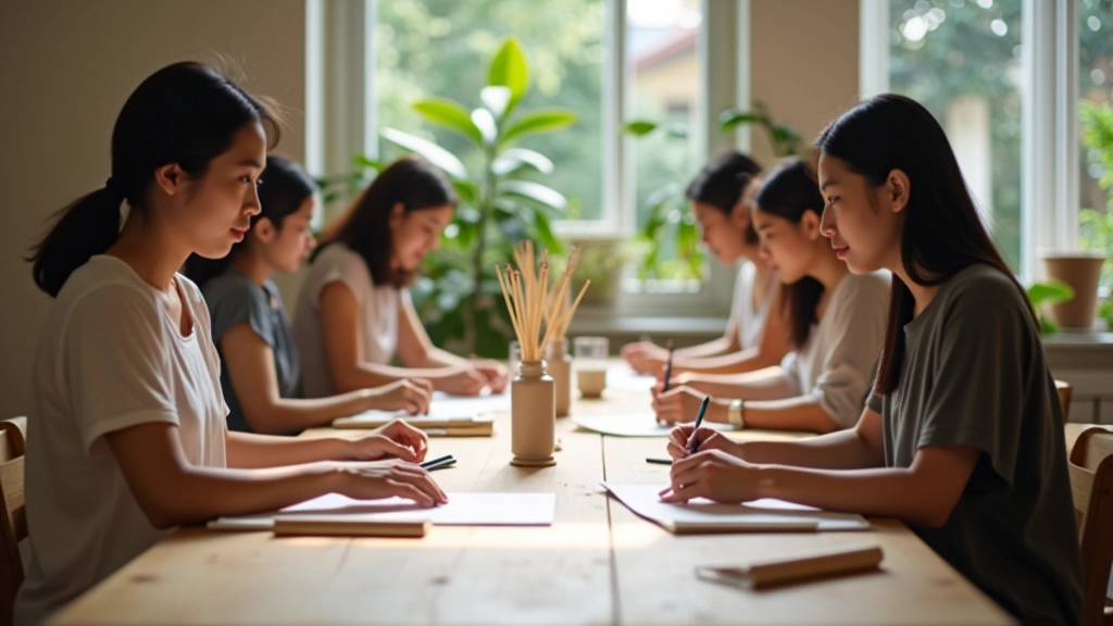 Group of adults in art studio creating and collaborating on various creative projects together