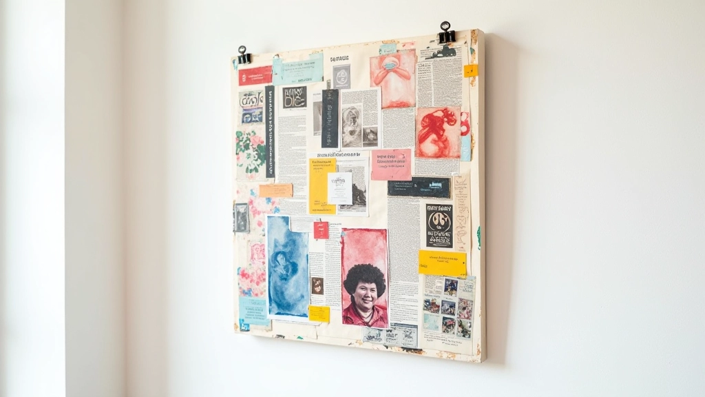 Colourful mixed media collage artwork displayed on wall showing layers of magazine cutouts and textures