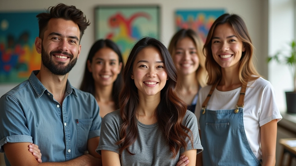 Group of diverse artists and facilitators standing together in creative studio space with art on walls behind them