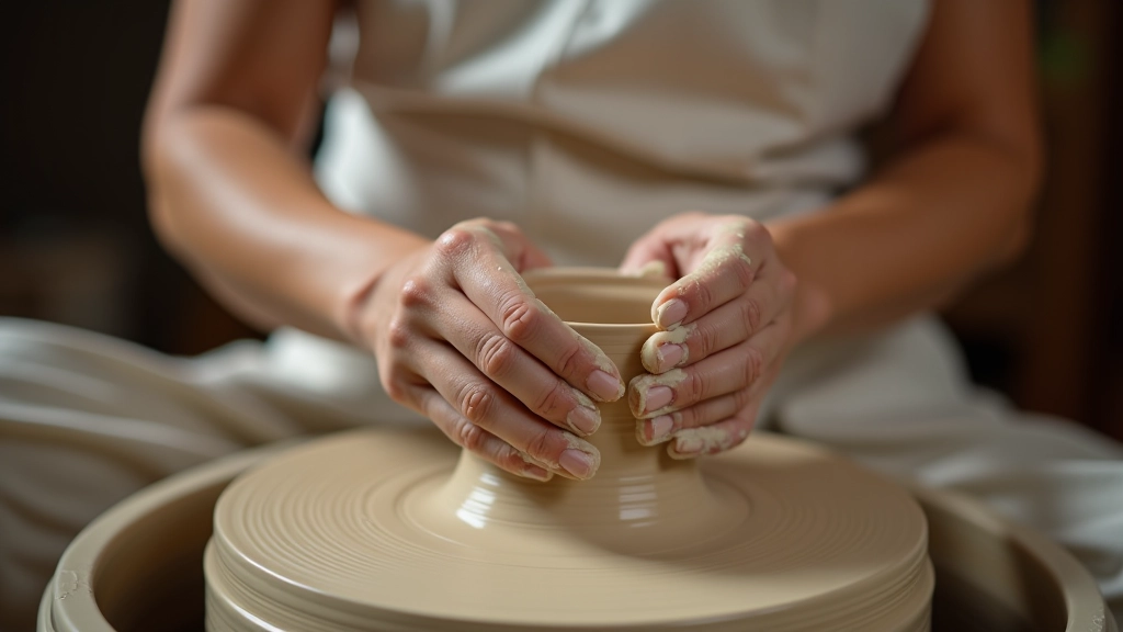 Close-up of hands smoothing wet clay with focused expression, natural studio lighting