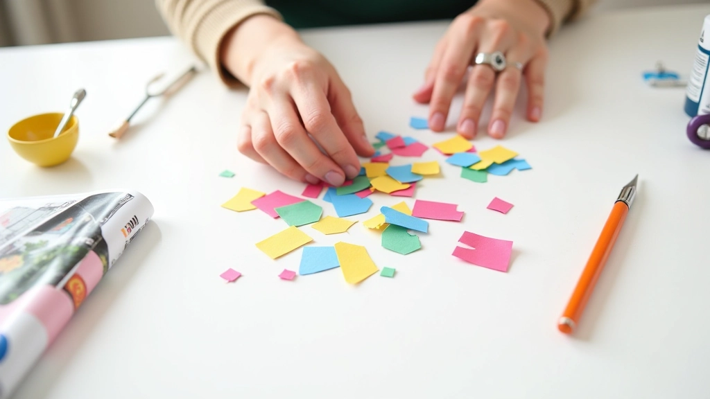 Hands arranging colorful paper pieces on workspace with glue and scissors nearby
