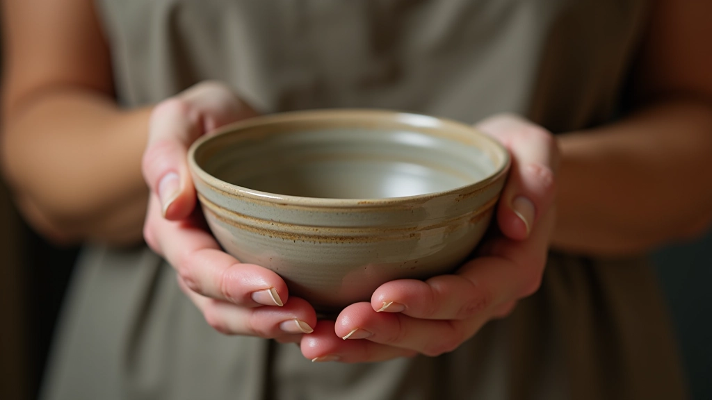 Hands holding finished pottery piece showing texture and glaze details in artistic studio setting