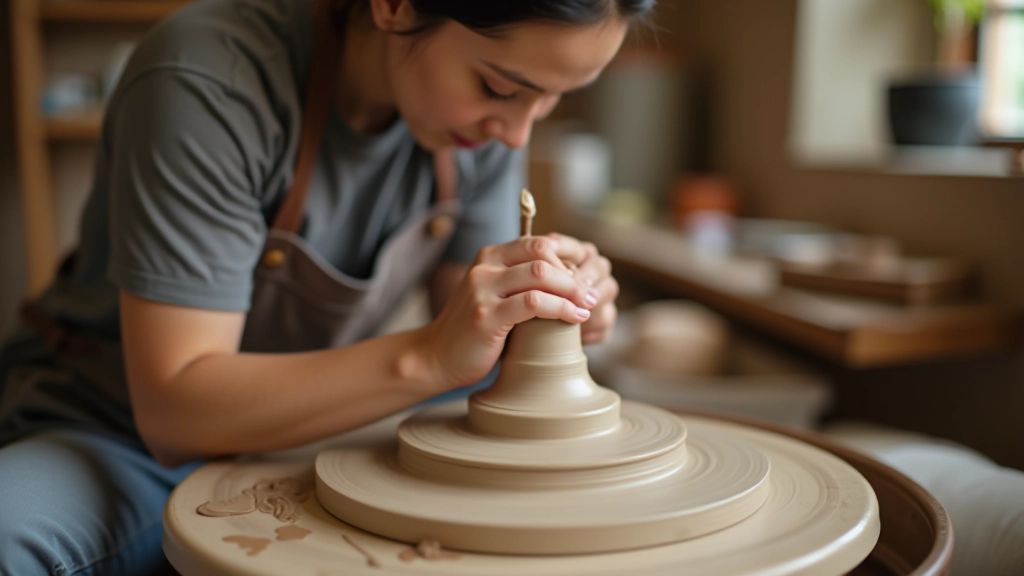Hands shaping clay on pottery wheel, close-up view of creative hands-on art practice, studio environment with clay dust and focused technique