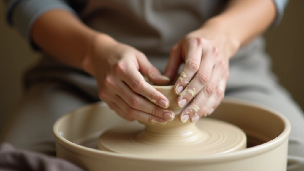 Hands shaping clay on pottery wheel in creative studio workshop space