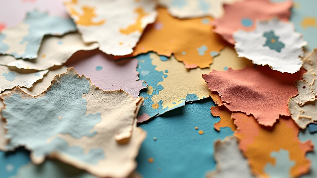 Close-up detail of finished collage artwork showing layered paper, texture, and color combinations in abstract composition