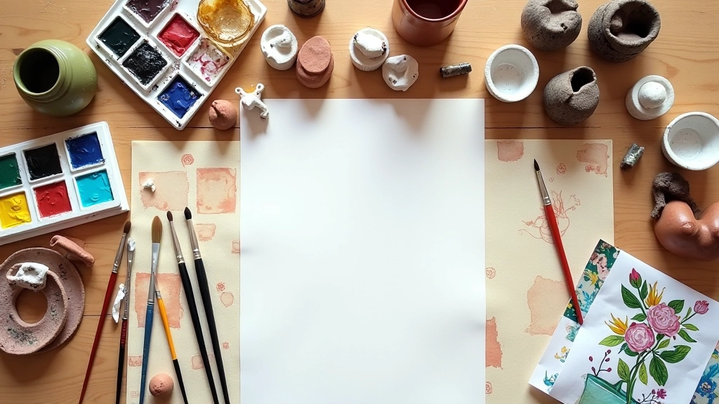 Creative workspace showing multiple art mediums available including paints brushes clay and paper materials