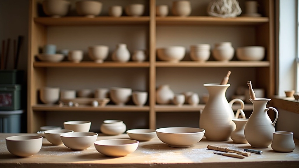 Neatly organized pottery studio shelves with finished ceramic pieces, glazes, and tools in warm studio lighting