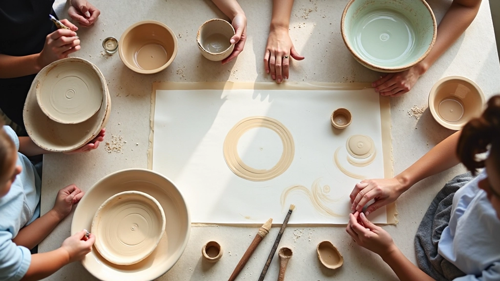 Wide overhead shot of pottery workshop table with various clay pieces, tools, and natural light streaming through windows
