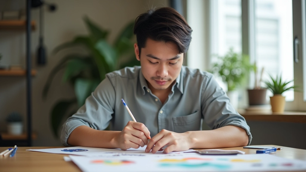 Person seated at table working on collage project, cutting and arranging materials with focused expression