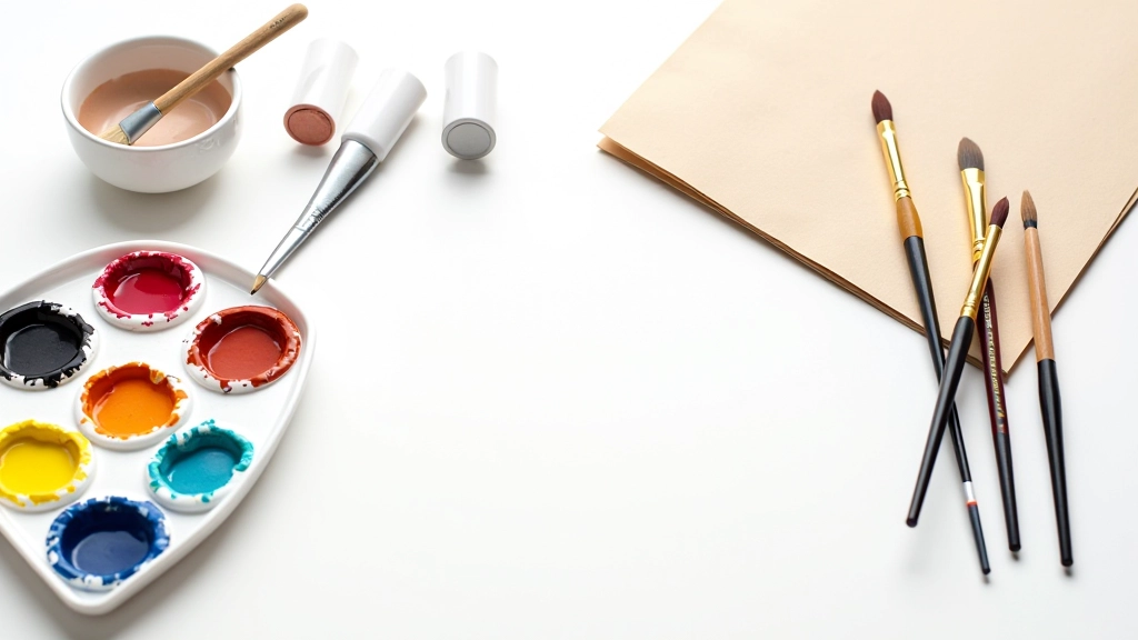 Watercolour art supplies arranged on white background including tubes of paint, brushes of different sizes, ceramic palette, and watercolour paper