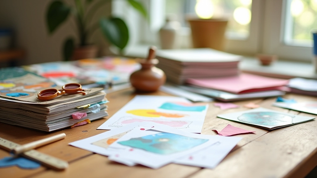 Organized collection of magazines, scissors, glue, and colorful papers spread across table ready for collage project