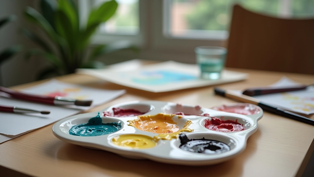Close-up of watercolour paints in ceramic palette with wet brush and water container, creative studio setting