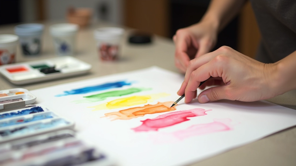 Watercolour colour mixing demonstration showing various colour combinations and swatches on white paper with primary colours visible