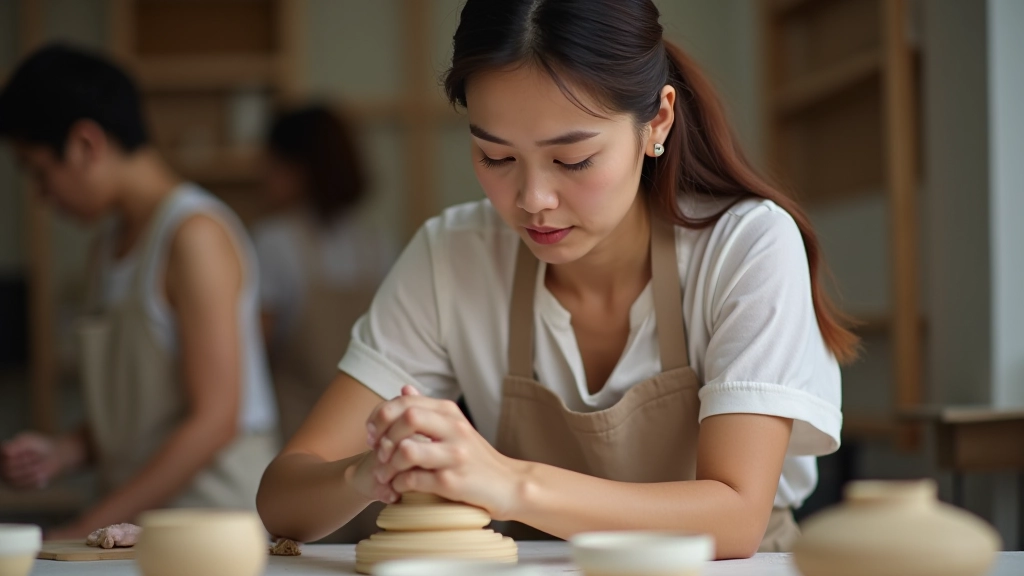 Pottery instructor demonstrating hand-building coil technique to attentive student in workshop
